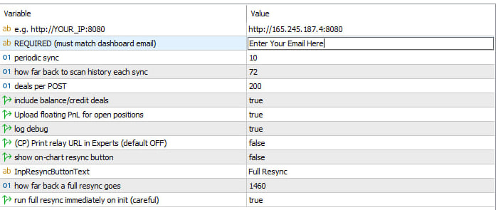 MT5 EA Inputs example screen